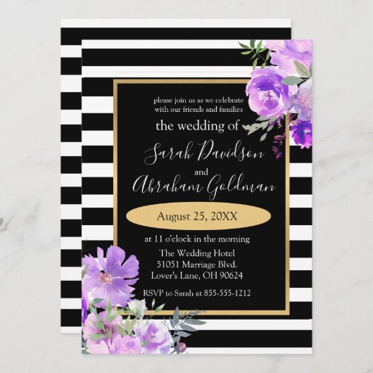 Invitation Fleurs Roses en noir et blanc Inv Mariage (Devant / Derrière)