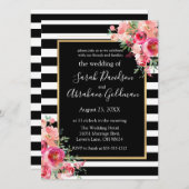 Invitation Fleurs Roses en noir et blanc Inv Mariage  (Devant / Derrière)