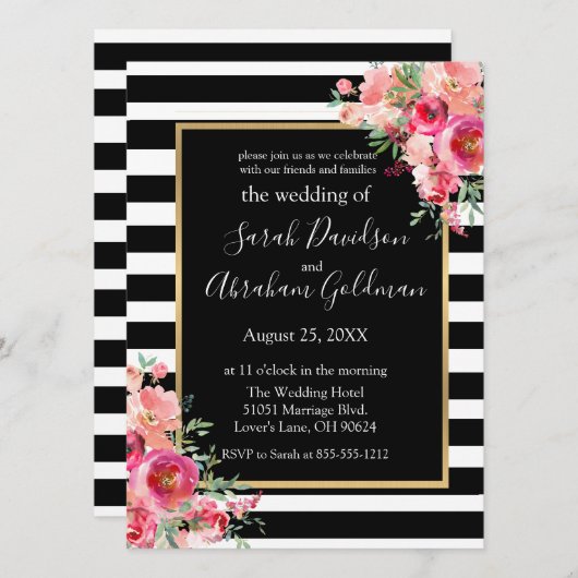 Invitation Fleurs Roses en noir et blanc Inv Mariage  (Devant / Derrière)