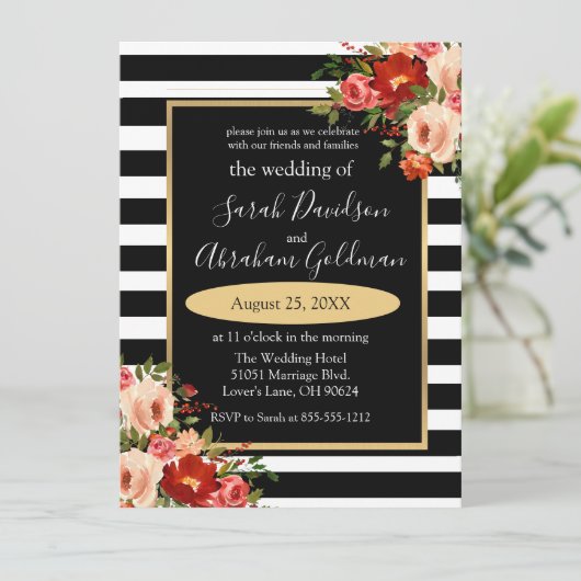 Invitation Fleurs Roses en noir et blanc Inv Mariage (Debout devant)