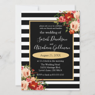 Invitation Fleurs Roses en noir et blanc Inv Mariage