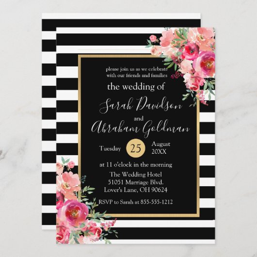 Invitation Fleurs Roses en noir et blanc Mariage (Devant / Derrière)