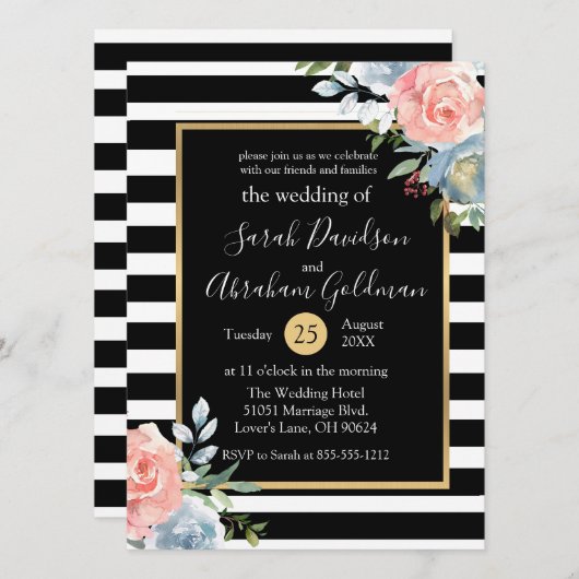 Invitation Fleurs Roses en noir et blanc Mariage (Devant / Derrière)