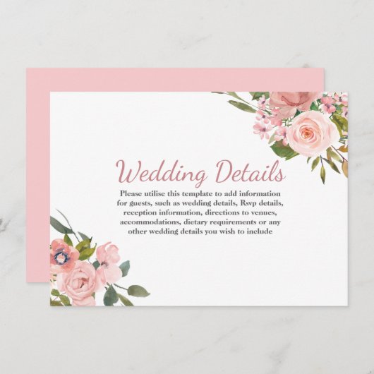 Invitation Fleurs roses en or Blush Détails de la réception d (Devant / Derrière)