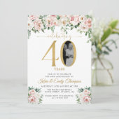 Invitation Fleurs roses en rose poudré Photo 40e anniversaire (Debout devant)