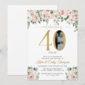 Invitation Fleurs roses en rose poudré Photo 40e anniversaire (Devant / Derrière)