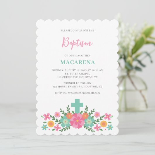 Invitation Fleurs roses et aqua avec croix bébé fille Baptême (Debout devant)
