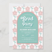 Invitation Fleurs roses et aqua super rétro les années 70 Gra (Devant)