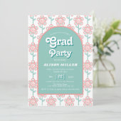 Invitation Fleurs roses et aqua super rétro les années 70 Gra (Debout devant)