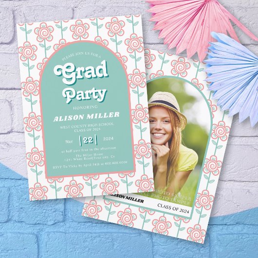 Invitation Fleurs roses et aqua super rétro les années 70 Gra