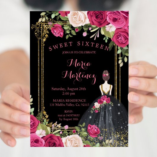 Invitation Fleurs roses et Arrière - plan noir 16e anniversai