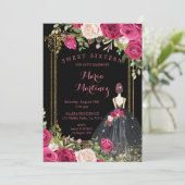 Invitation Fleurs roses et Arrière - plan noir 16e anniversai (Debout devant)