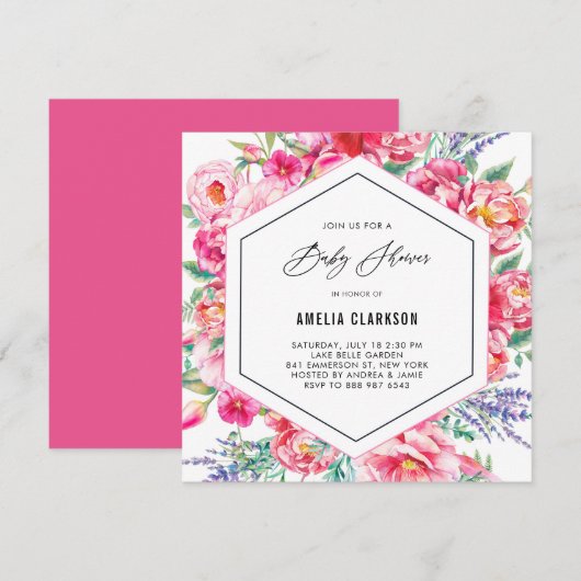 Invitation Fleurs roses et Baby shower lavande (Devant / Derrière)