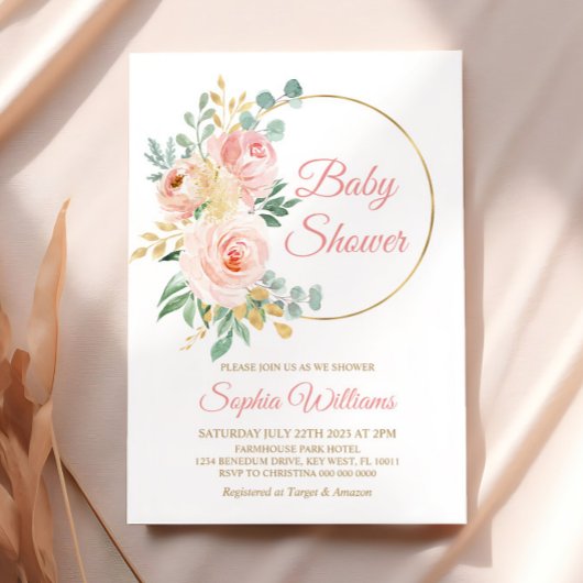 Invitation Fleurs roses et Baby shower or