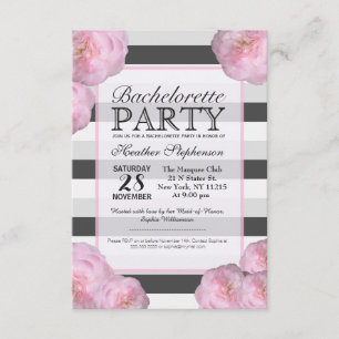 Invitation Fleurs roses et bandes noires, grises et blanches