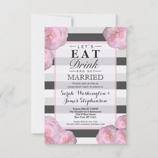 Invitation Fleurs roses et bandes noires, grises et blanches (Devant)