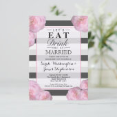 Invitation Fleurs roses et bandes noires, grises et blanches (Debout devant)