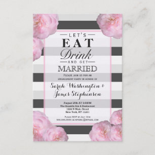 Invitation Fleurs roses et bandes noires, grises et blanches