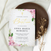 Invitation Fleurs roses et Baptême de fille brute