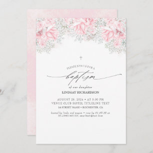 Invitation Fleurs roses et Baptême de petite fille