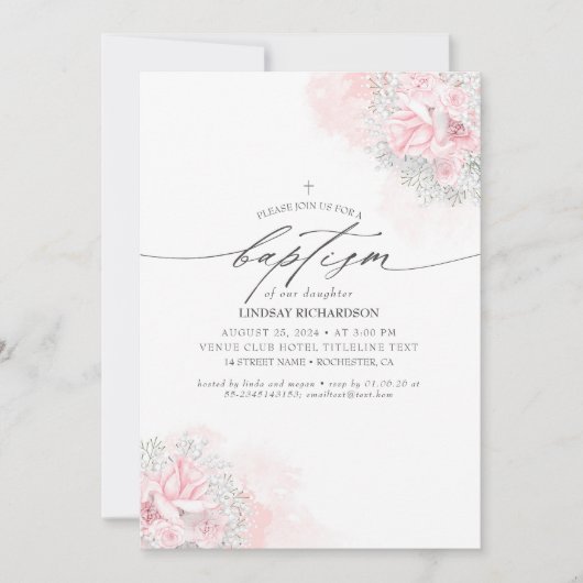 Invitation Fleurs roses et Baptême de petite fille (Devant)