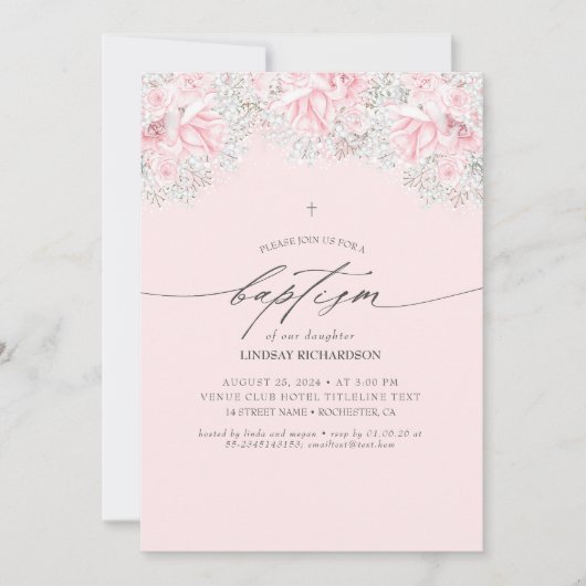Invitation Fleurs roses et Baptême de petite fille (Devant)