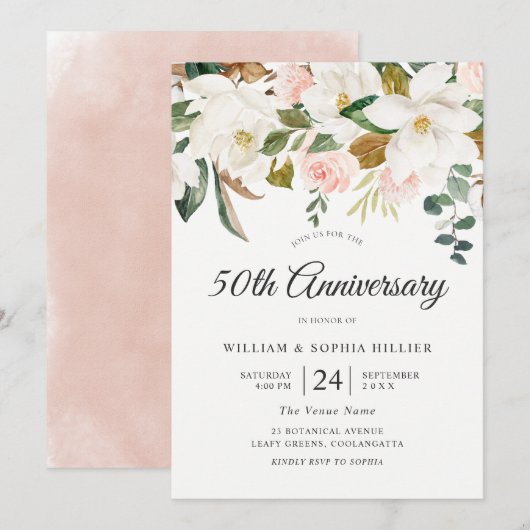 Invitation Fleurs roses et blanches 50e anniversaire de maria (Devant / Derrière)