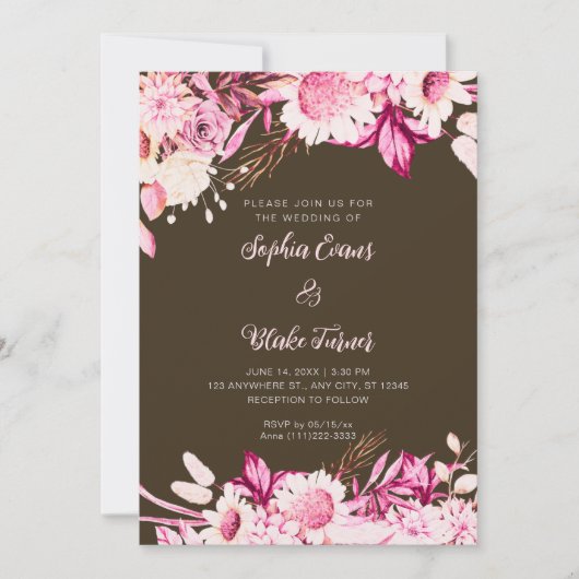 Invitation Fleurs roses et blanches Boho Bois Mariage Marron (Devant)
