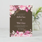 Invitation Fleurs roses et blanches Boho Bois Mariage Marron (Debout devant)