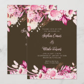 Invitation Fleurs roses et blanches Boho Bois Mariage Marron (Devant / Derrière)