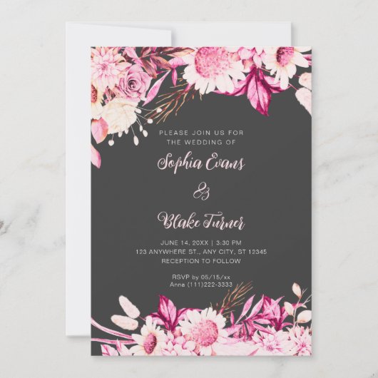 Invitation Fleurs roses et blanches Boho Mariage Gris (Devant)