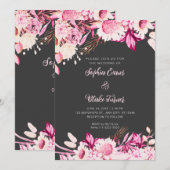 Invitation Fleurs roses et blanches Boho Mariage Gris (Devant / Derrière)