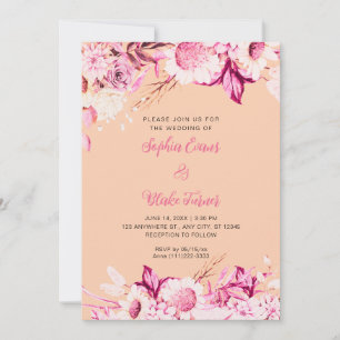 Invitation Fleurs roses et blanches Mariage bohème orange
