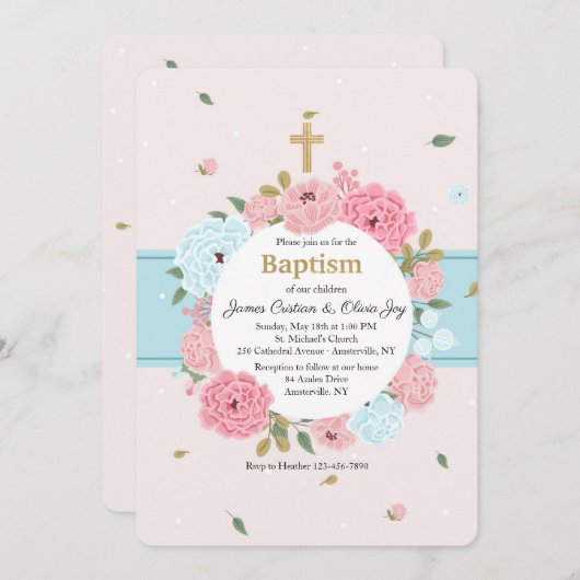 Invitation Fleurs Roses et Bleues (Devant / Derrière)