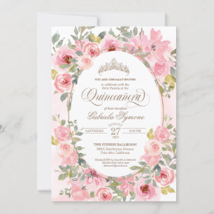 Invitation Fleurs roses et bleues Aquarelle Florale Quinceane