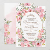 Invitation Fleurs roses et bleues Aquarelle Florale Quinceane (Devant / Derrière)