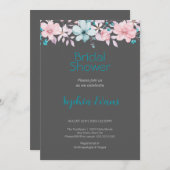 Invitation Fleurs roses et bleues Fête des mariées gris (Devant / Derrière)