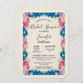 Invitation Fleurs roses et bleues Fête des mariées soignée (Devant / Derrière)