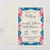 Invitation Fleurs roses et bleues Mariage élégant et fantaisi (Devant / Derrière)
