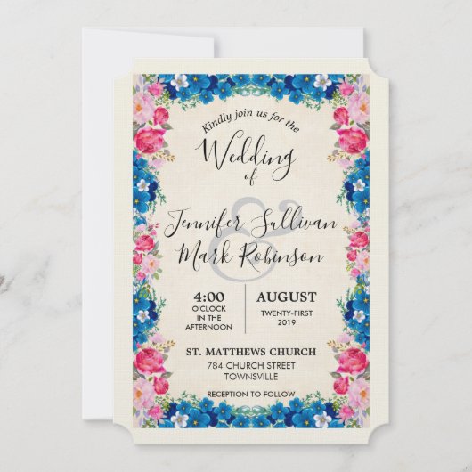 Invitation Fleurs roses et bleues Mariage élégant et fantaisi (Devant)