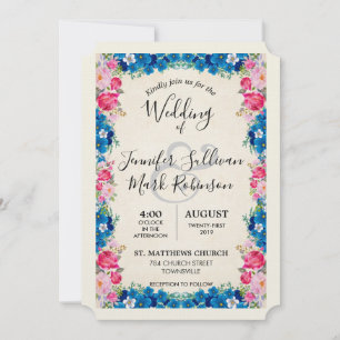 Invitation Fleurs roses et bleues Mariage élégant et fantaisi