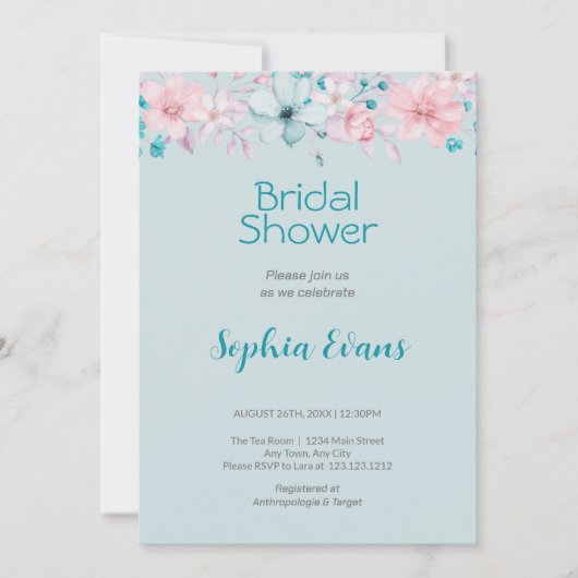 Invitation Fleurs roses et bleues Réception de mariage bleu (Devant)