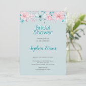 Invitation Fleurs roses et bleues Réception de mariage bleu (Debout devant)