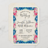 Invitation Fleurs roses et bleues Soigné Mariage élégant (Devant / Derrière)