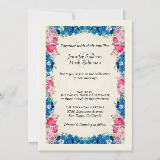 Invitation Fleurs roses et bleues sur Faux Parchment Mariage (Devant)