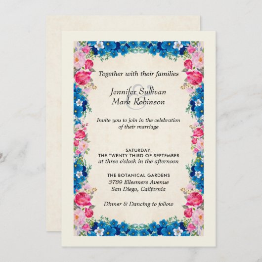 Invitation Fleurs roses et bleues sur Faux Parchment Mariage (Devant / Derrière)