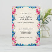 Invitation Fleurs roses et bleues sur Faux Parchment Mariage (Debout devant)