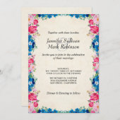 Invitation Fleurs roses et bleues sur Faux Parchment Mariage (Devant / Derrière)