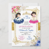 Invitation Fleurs roses et bleues Twin Quinceanera (Devant)
