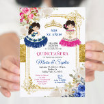 Invitation Fleurs roses et bleues Twin Quinceanera<br><div class="desc">Fleurs roses et bleues Twin Charro Mis Quince 15 Anos invitation Mis Quince Anos,  15e anniversaire,  Twin Navy Quinceanera Invitation,  Fleurs bleues,  Crown Mis Quince Anos</div>